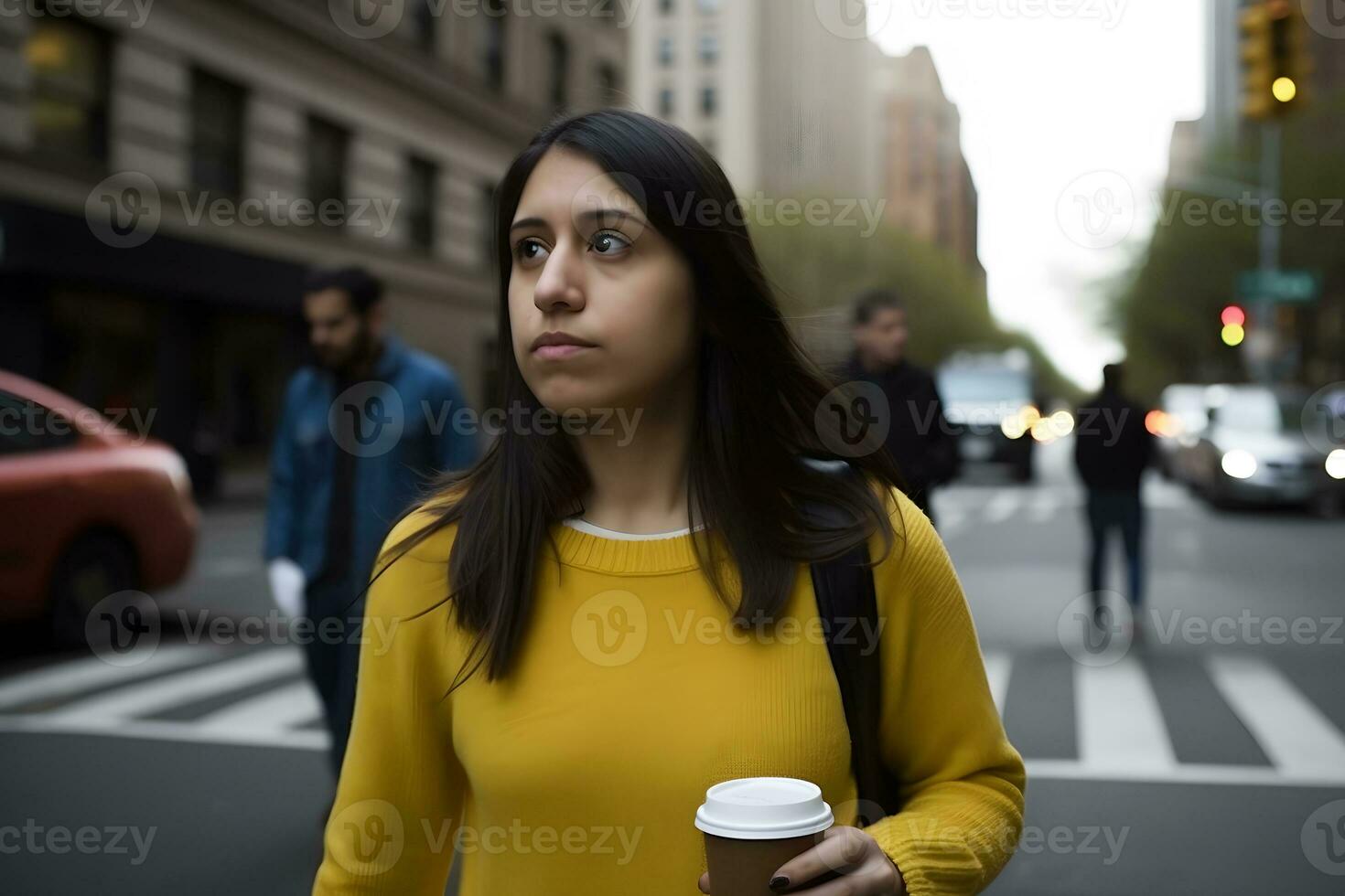A young woman holds a craft disposable glass of coffee in her hand. Neural network AI generated photo