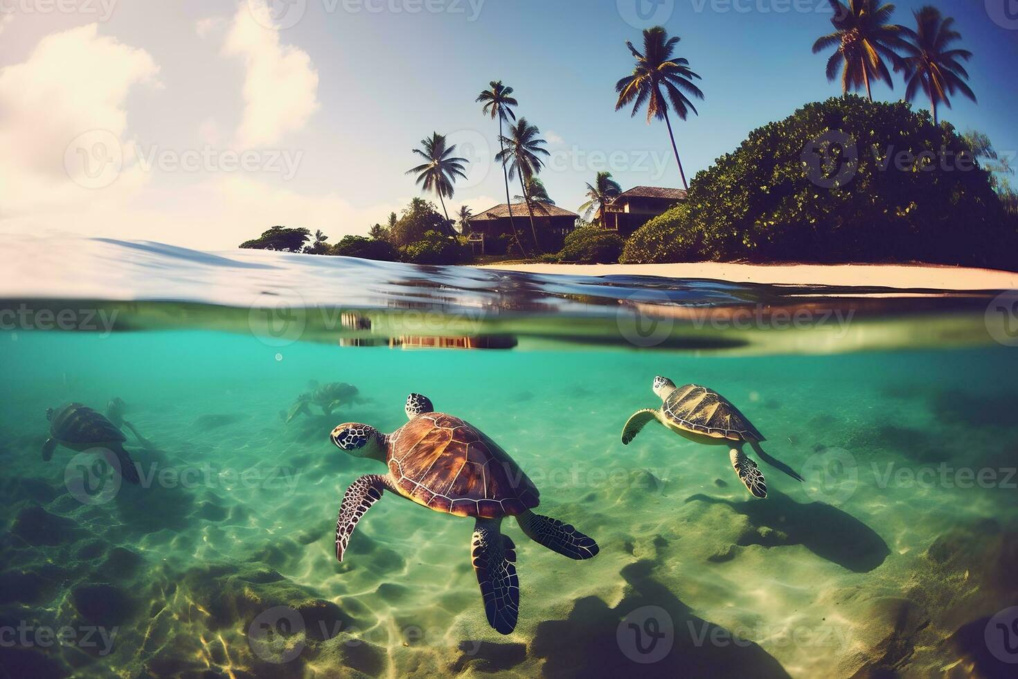 sea turtle close up over coral reef in hawaii. Neural network AI generated photo