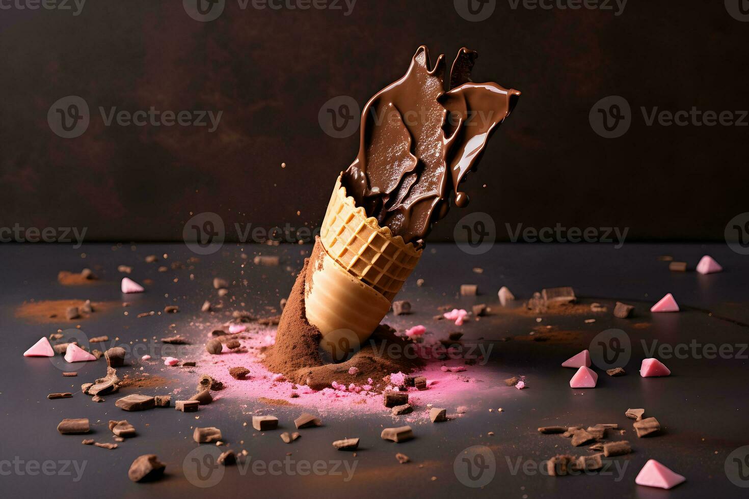 Chocolate ice cream cone ads, pouring chocolate toppings. Neural network AI generated photo