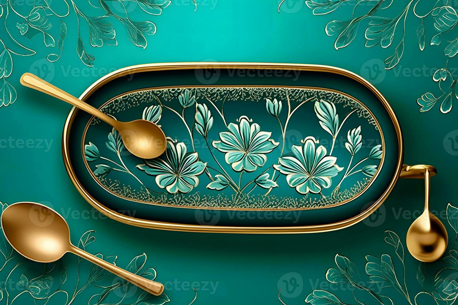 Ramadan Kareem. Abstract girih flowers encrusted with turquoise crystals. Neural network AI generated photo