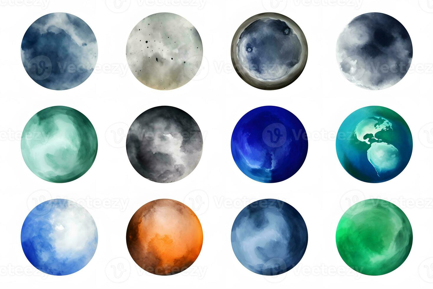 Set of watercolor colorful planets isolated on white background. Neural network AI generated photo