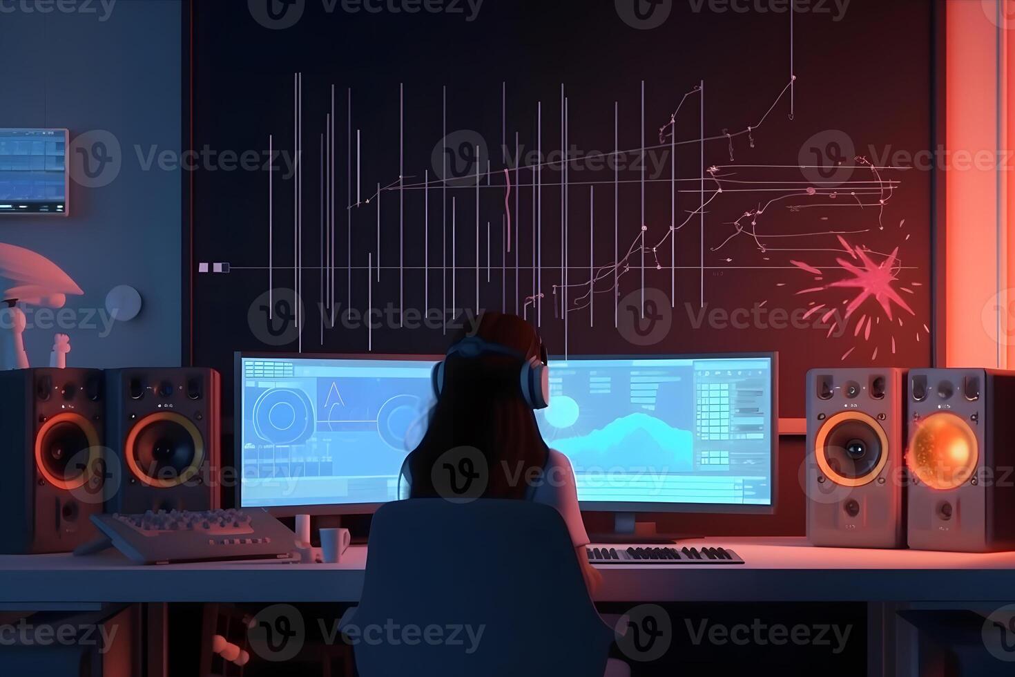 Producer working in sound design studio. Neural network AI generated photo