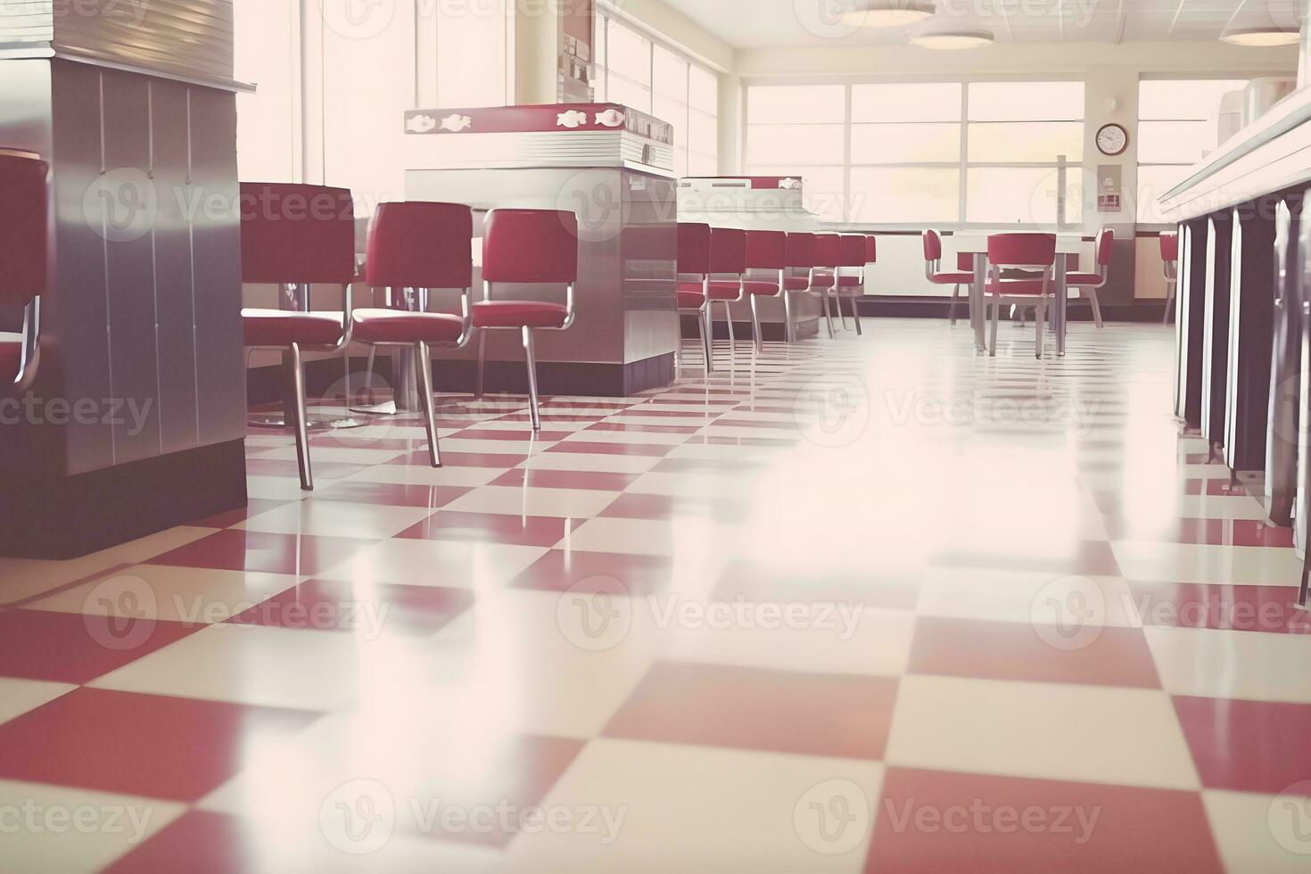 Old Fashioned Red Bar Stools In American Burger Retro Diner Restaurant. Interior Of Bar Is In Traditional American Style. Neural network AI generated photo