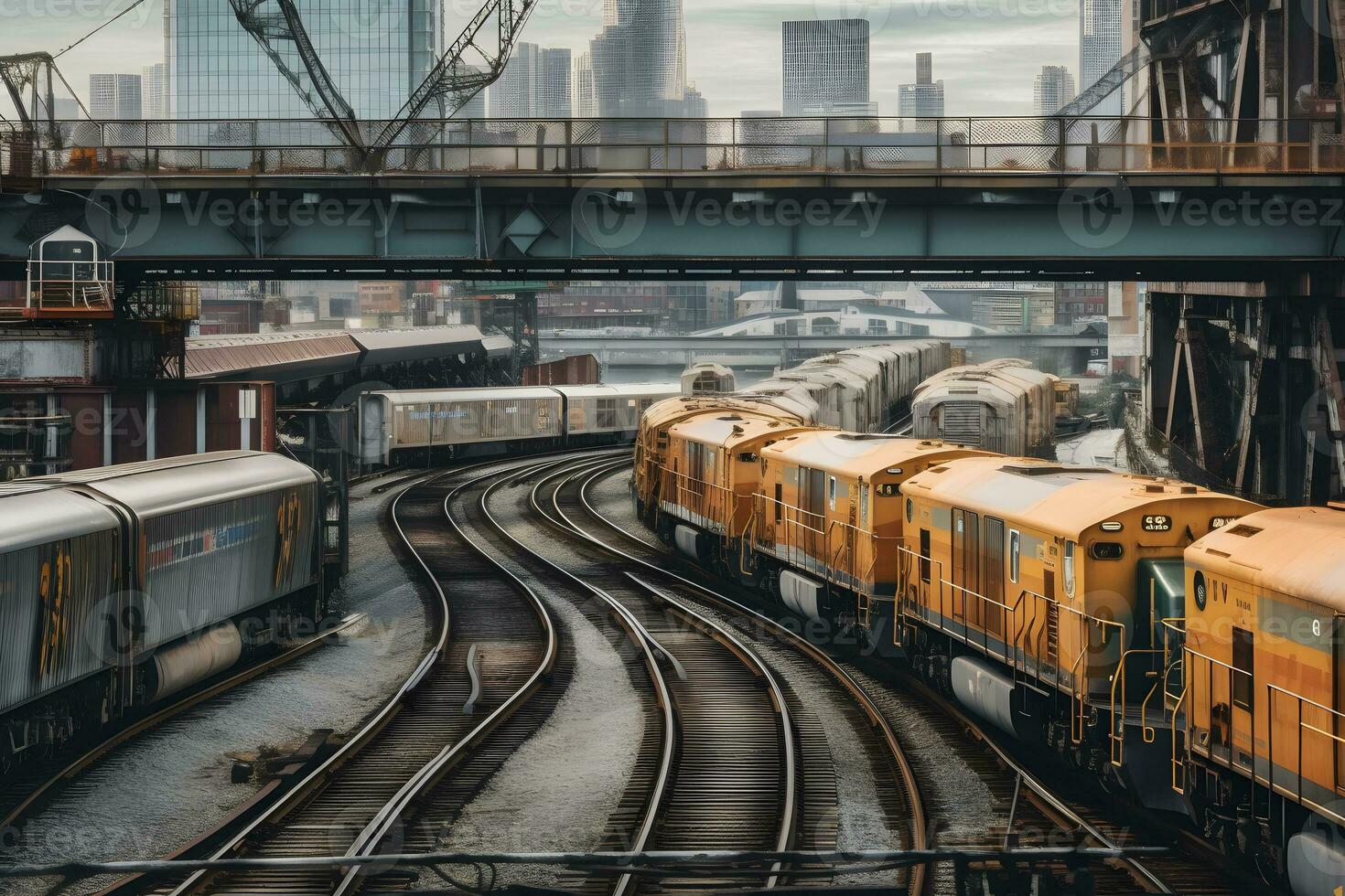 Cargo train platform with freight train container at depot. Neural network AI generated photo