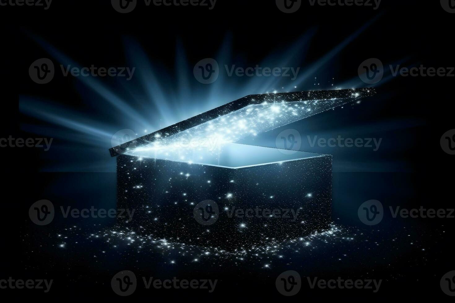 Gift box on a dark magic background with light bokeh. Festive background, magic box with a gift. Neural network AI generated photo