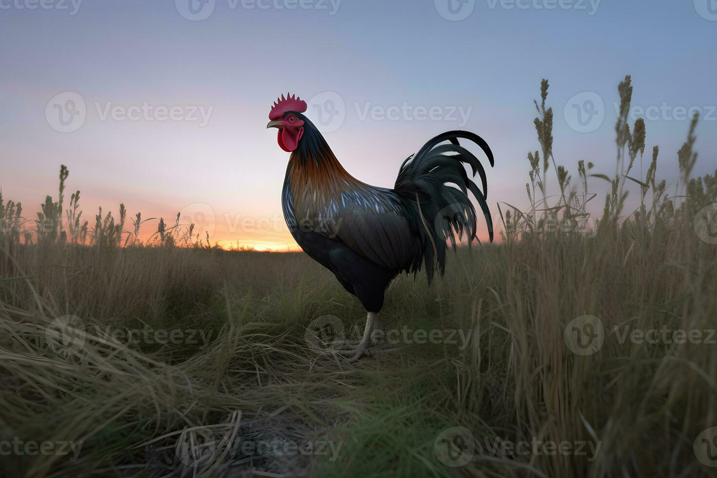 Beautiful Rooster standing on the grass in blurred nature green background. Neural network AI generated photo