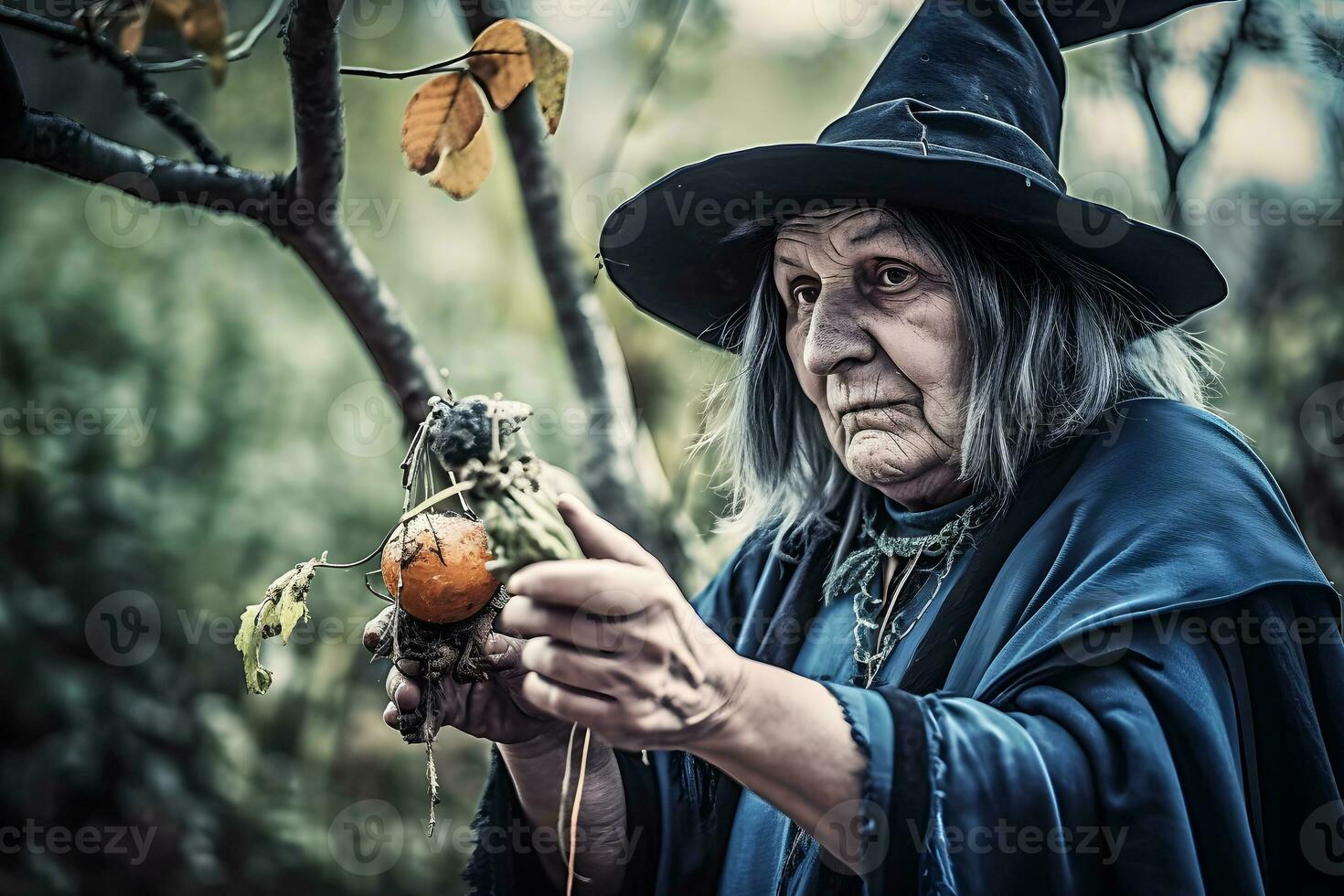 The old witch cooks a sorcery potion in the thicket of the forest. Fairy tales on Halloween. Neural network AI generated photo