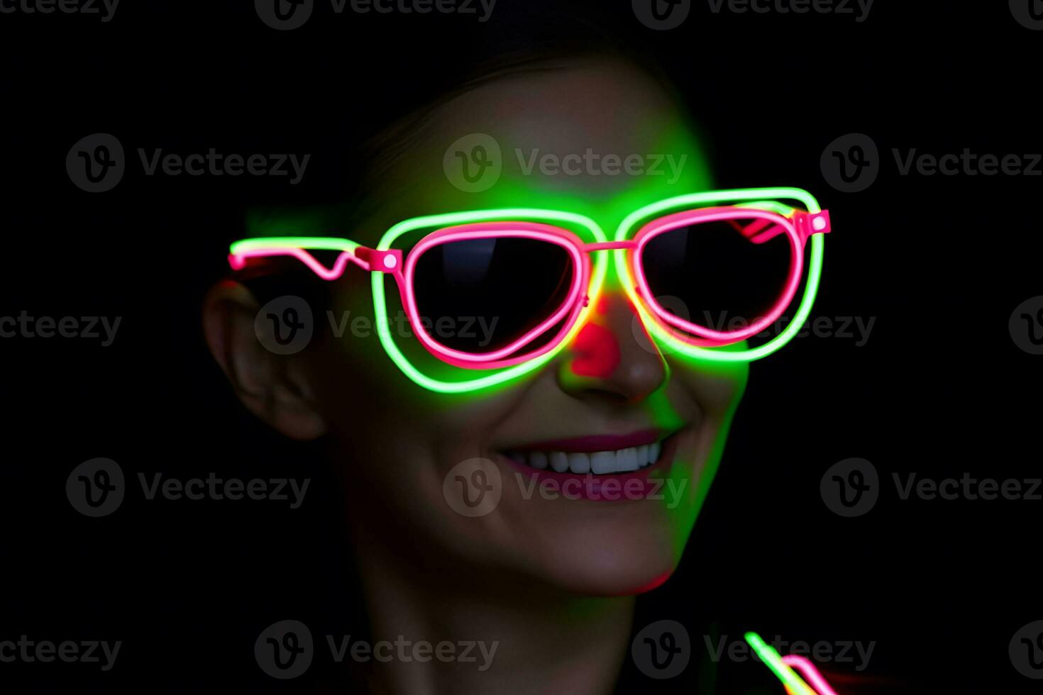 neon portrait of a girl with glasses. Neural network AI generated photo