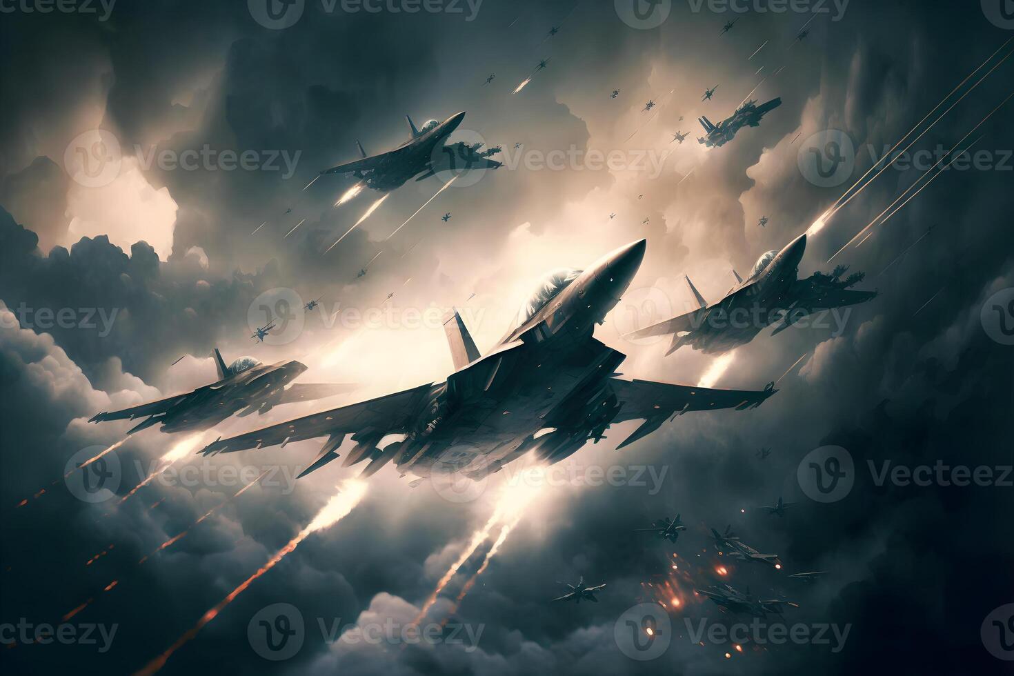 Formation of destroyer jets float in sky during aviation battle. Neural network generated art photo
