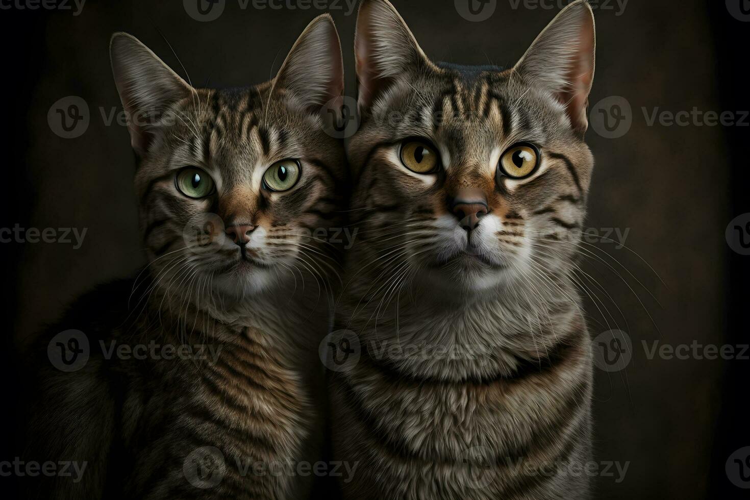 retrato de dos Doméstico gatos con atigrado piel al aire libre con oscuro antecedentes. neural red generado Arte foto