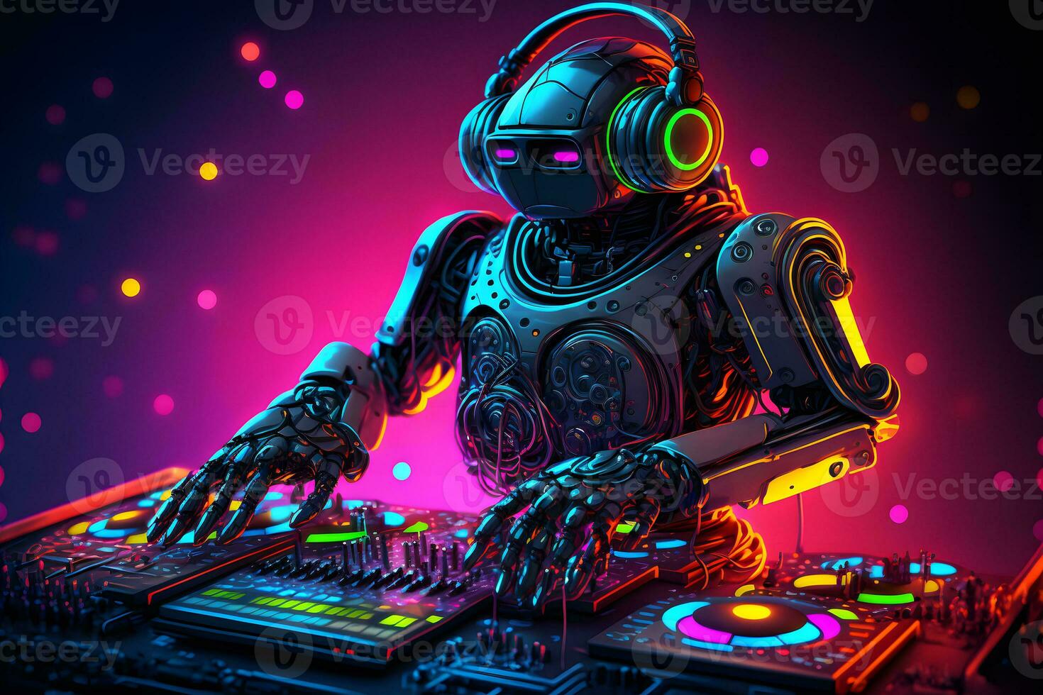 Robot disc jockey at the dj mixer and turntable plays nightclub during party. EDM entertainment party concept. Neural network generated art photo