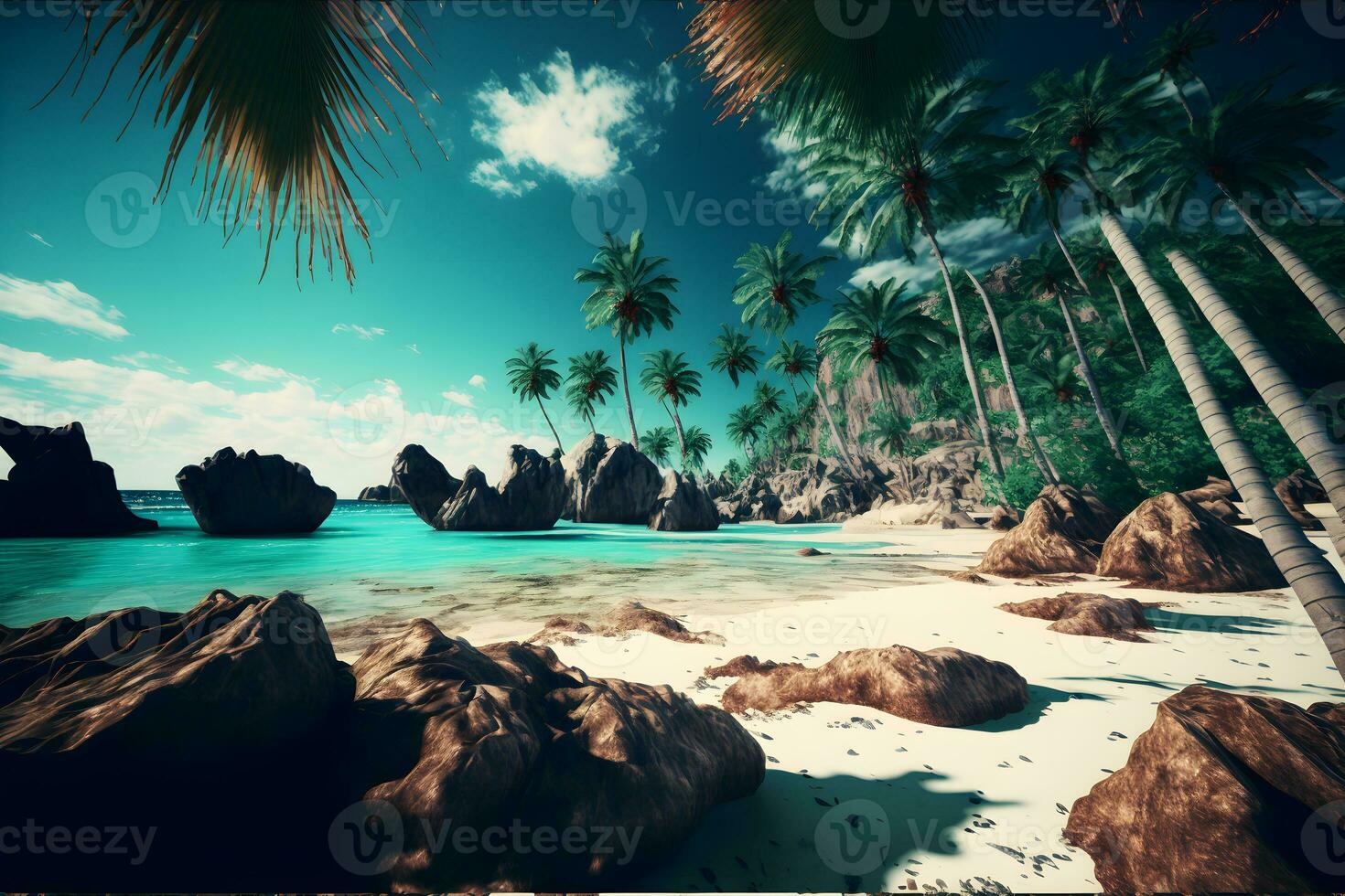 Magnificent Seychelles or Maldives mood. Luxury getaway place with palm trees and sea water. Neural network generated art photo