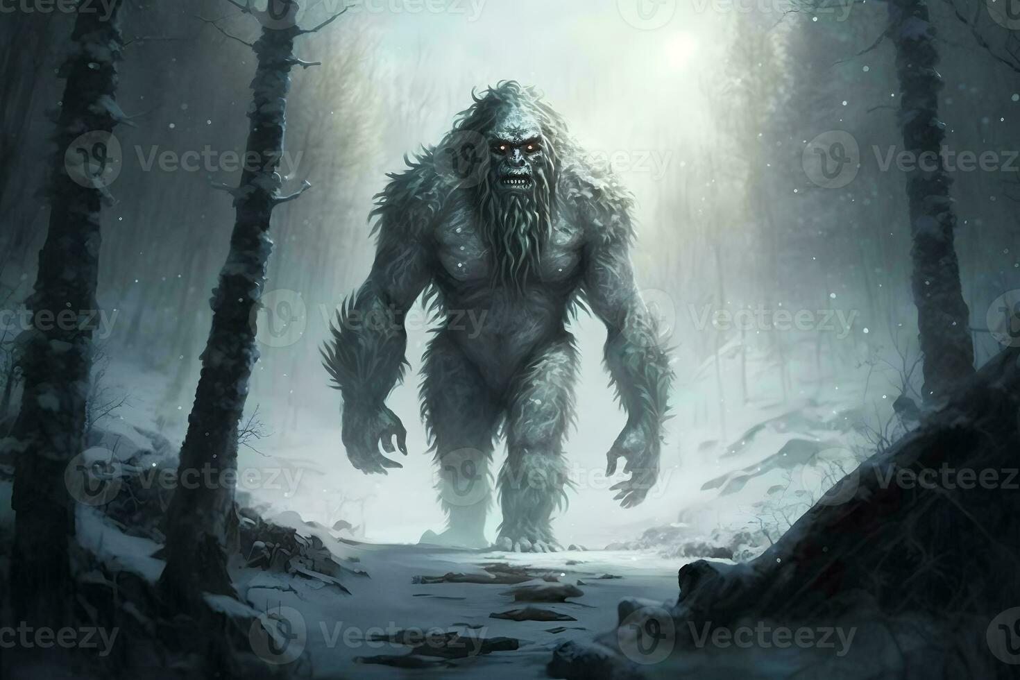 yeti o abominable monigote de nieve camina mediante invierno bosque área. neural red generado Arte foto