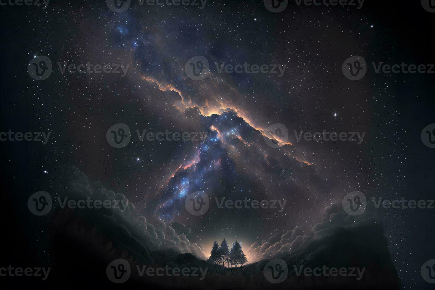 Surreal night sky full of stars and epic milky ways. Neural network generated art photo