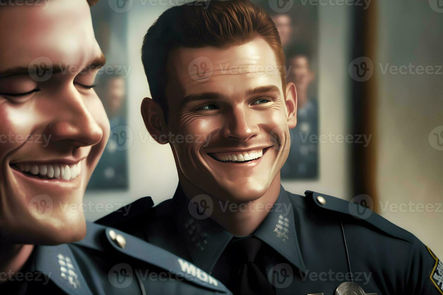 Clásico retratos de masculino policía trabajadores en clásico policía uniformes en Departamento interior. neural red generado Arte foto