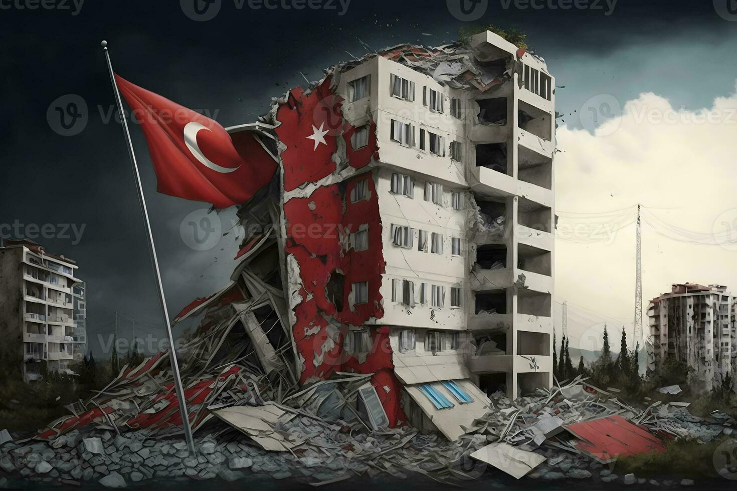 Conceptual illustration of multistorey building damaged in the earthquake with big Turkey flag. Neural network generated art photo