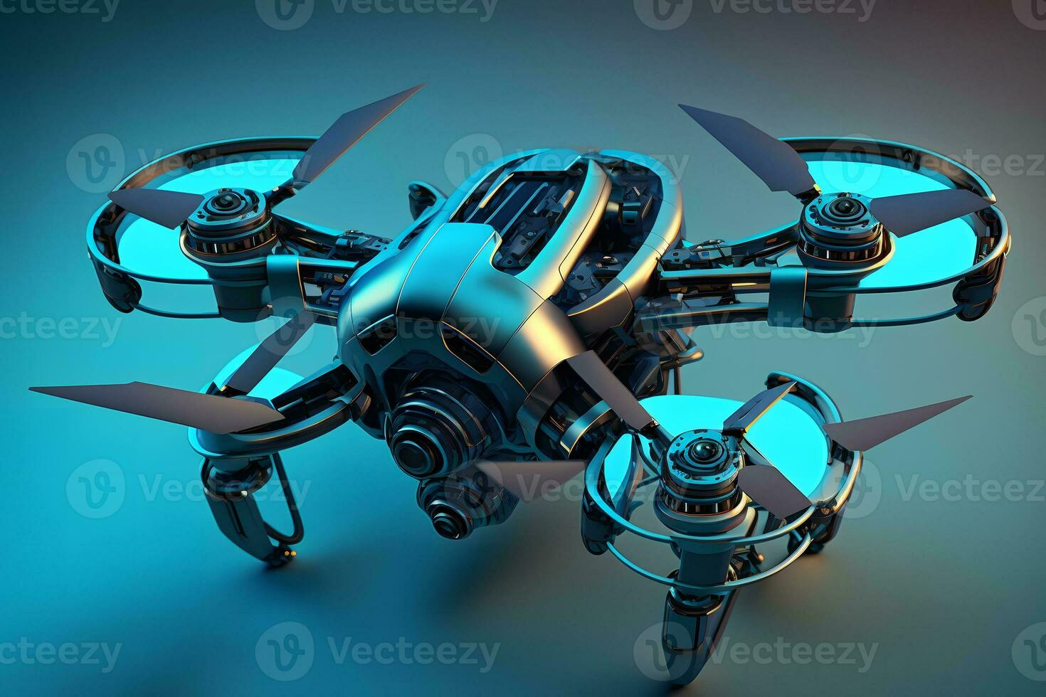 Realistic quadrocopter drone with propeller fans on glowing blue background. Neural network generated art photo