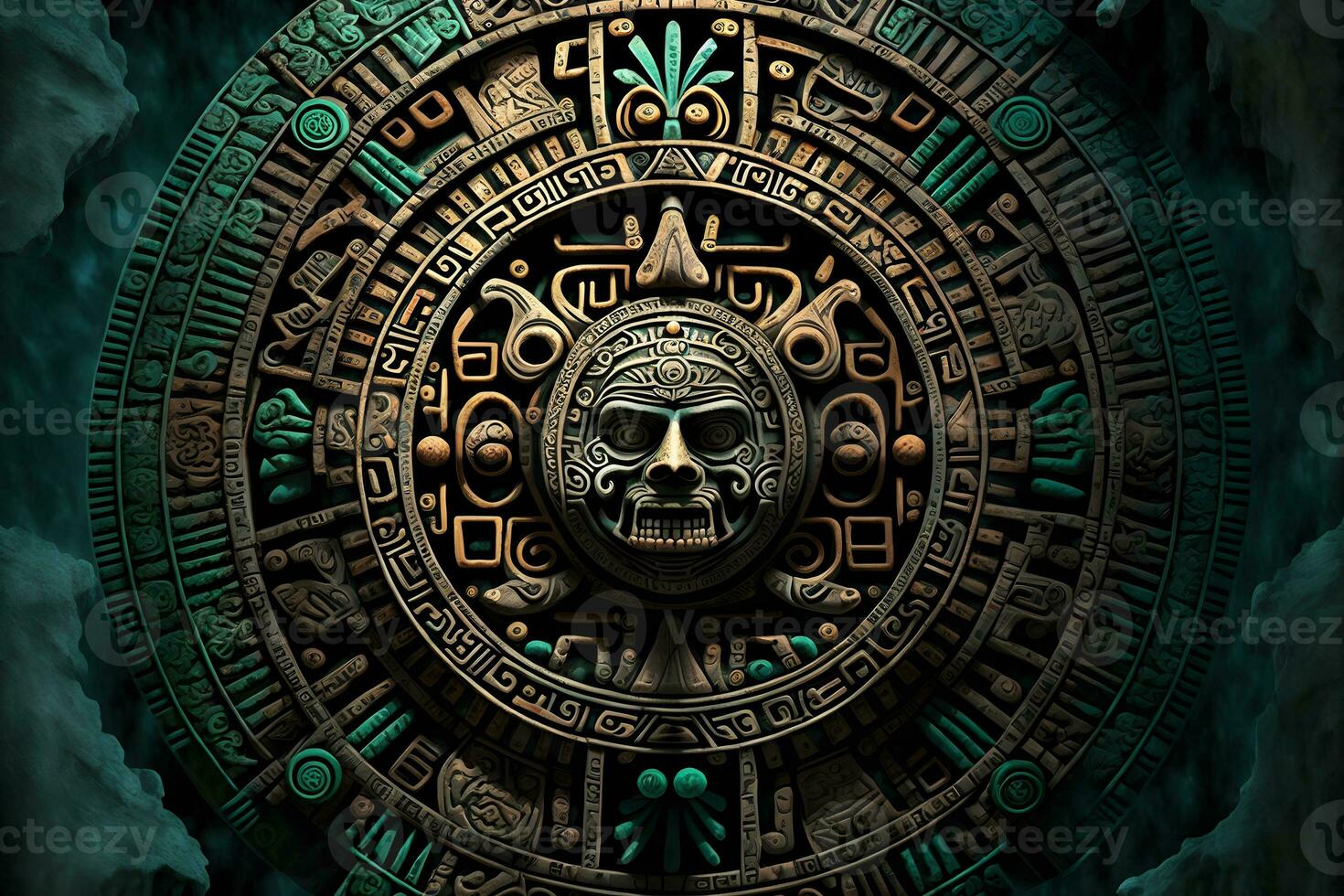 Close view of the ancient Aztec mayan calendar with round pattern and relief on stone surface. Neural network generated art photo