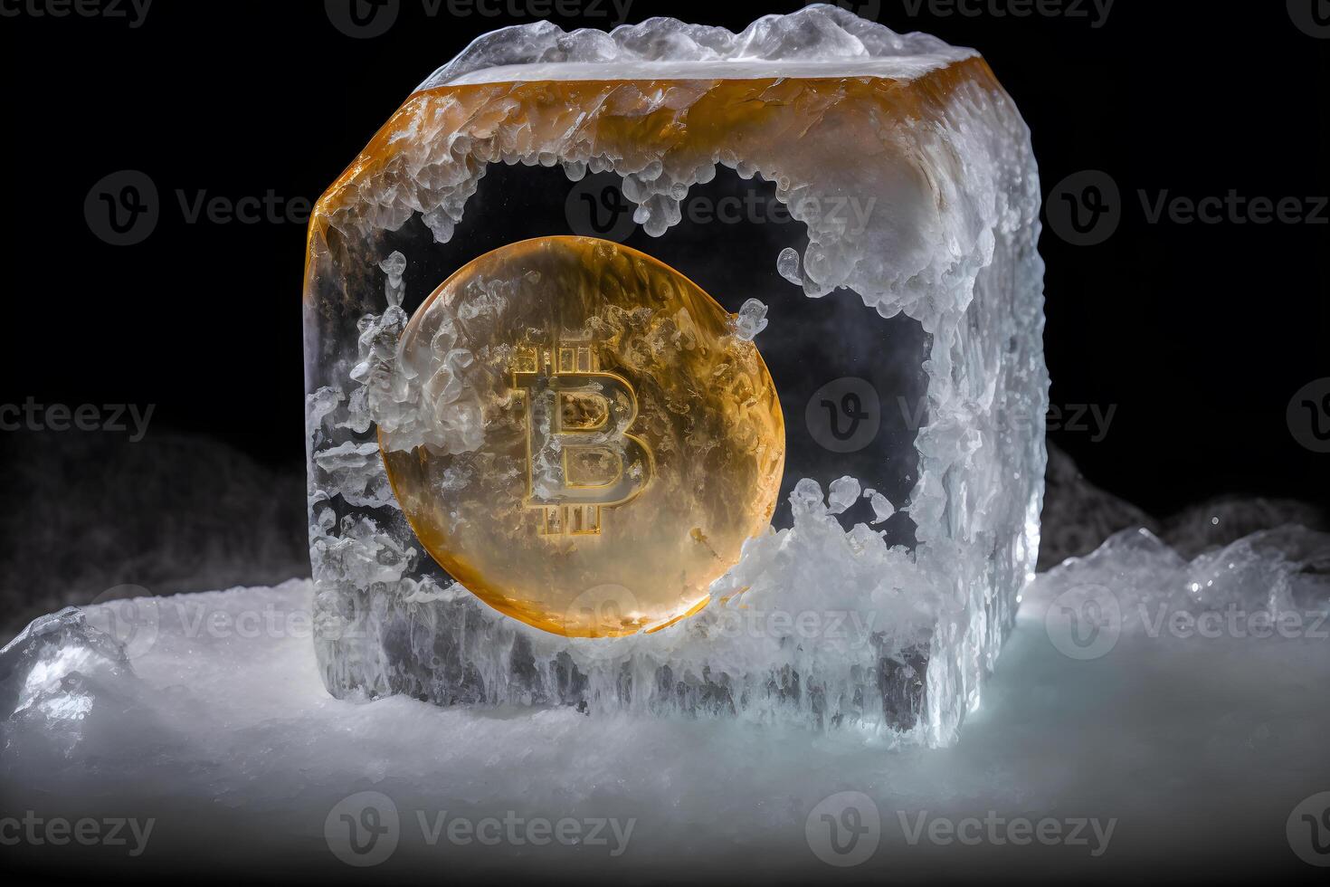 Bitcoin frozen inside ice cube, Bitcoin price crisis concept. Neural network generated art photo