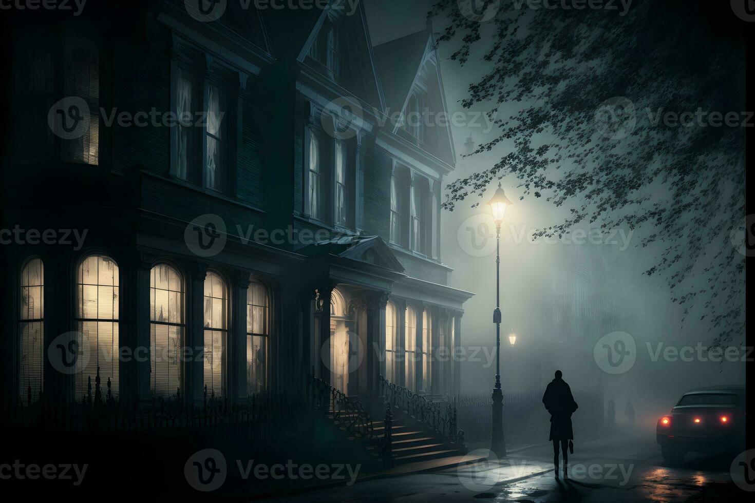 Silhouette in misty alley at night city street, mystery and horror foggy cityscape atmosphere. Neural network generated art photo