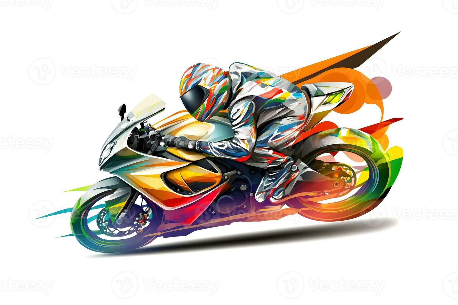 Sticker of Biker on sport motorcycle in watercolor style on white background. Neural network generated art photo