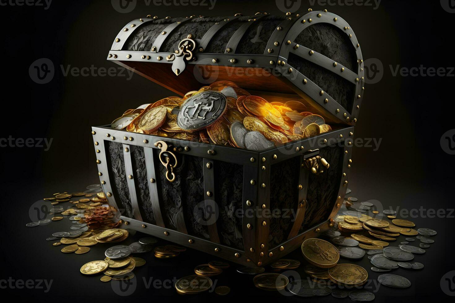 Open treasure chest filled with gold coins and expensive pirates loot on black background. Neural network generated art photo