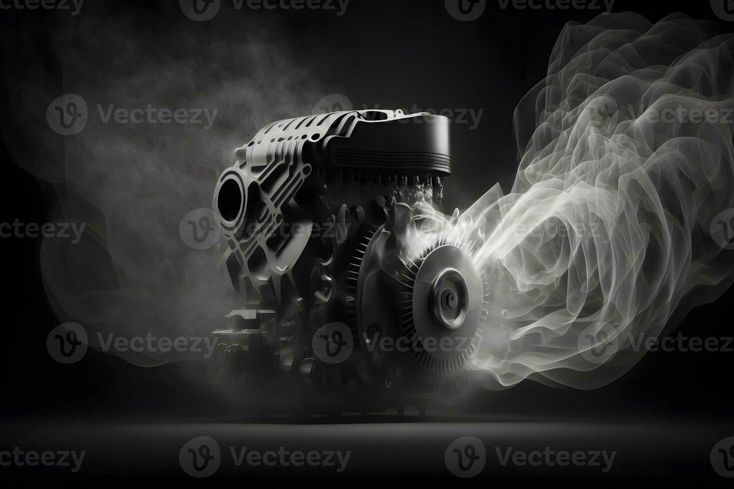 Modern car engine on deep solid black background. Neural network generated art photo