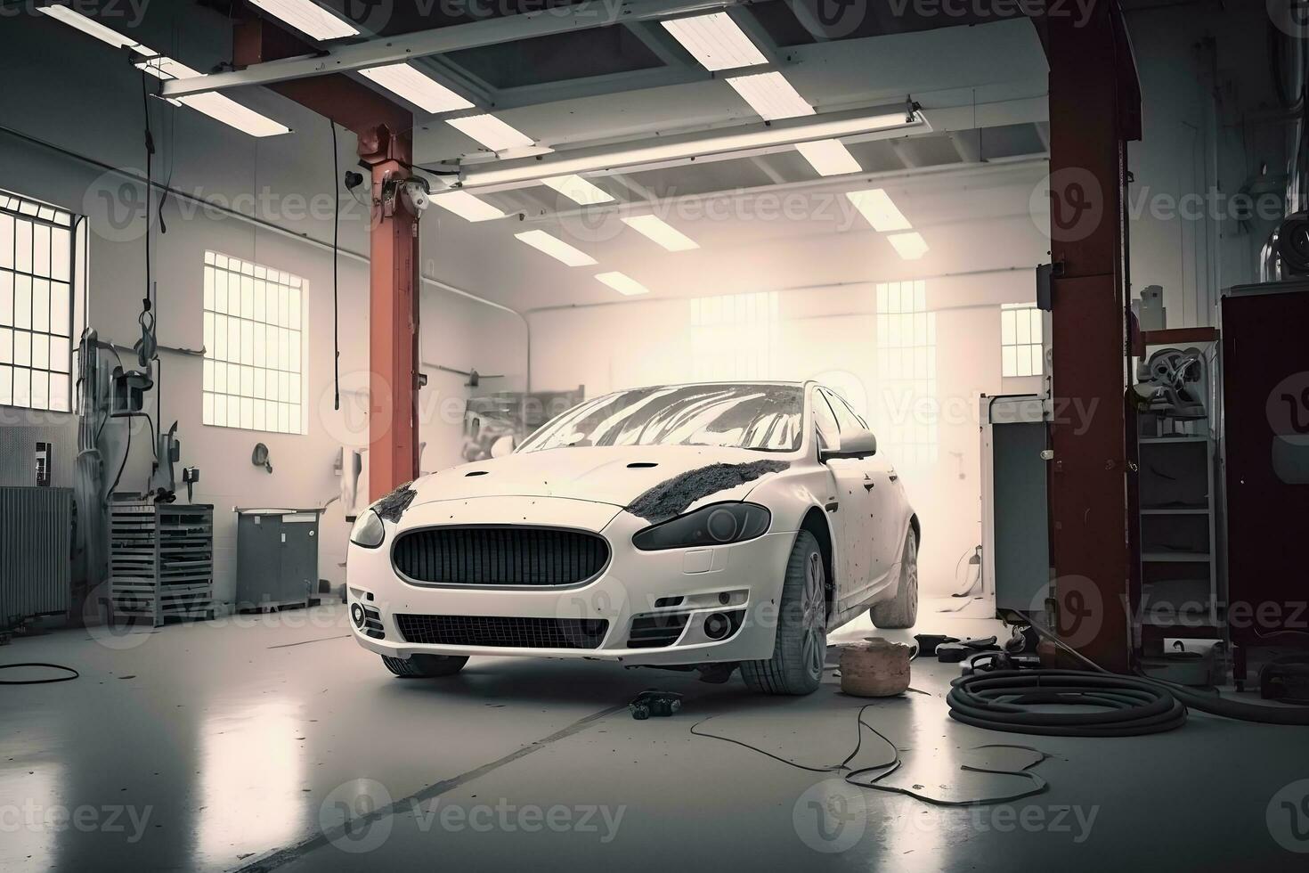 Automation aumobile factory concept. Robot assembly line in car manufacturing. Neural network generated art photo