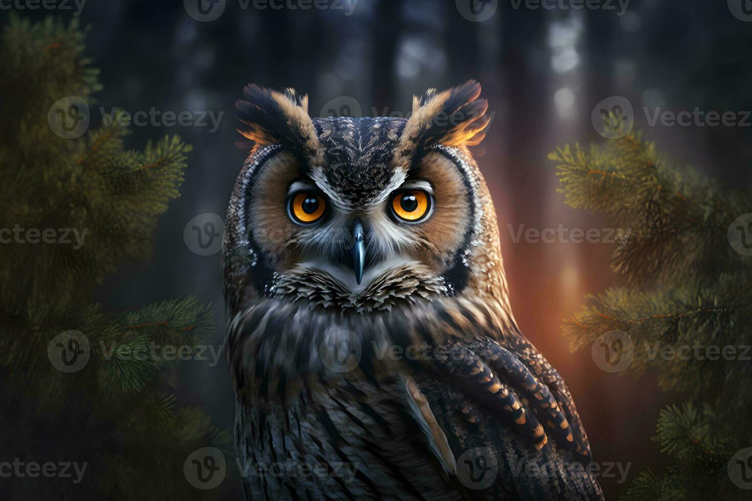 European eagle owl perched on a post and staring forward against a dark background the eyes are penetrating the viewer. Neural network generated art photo