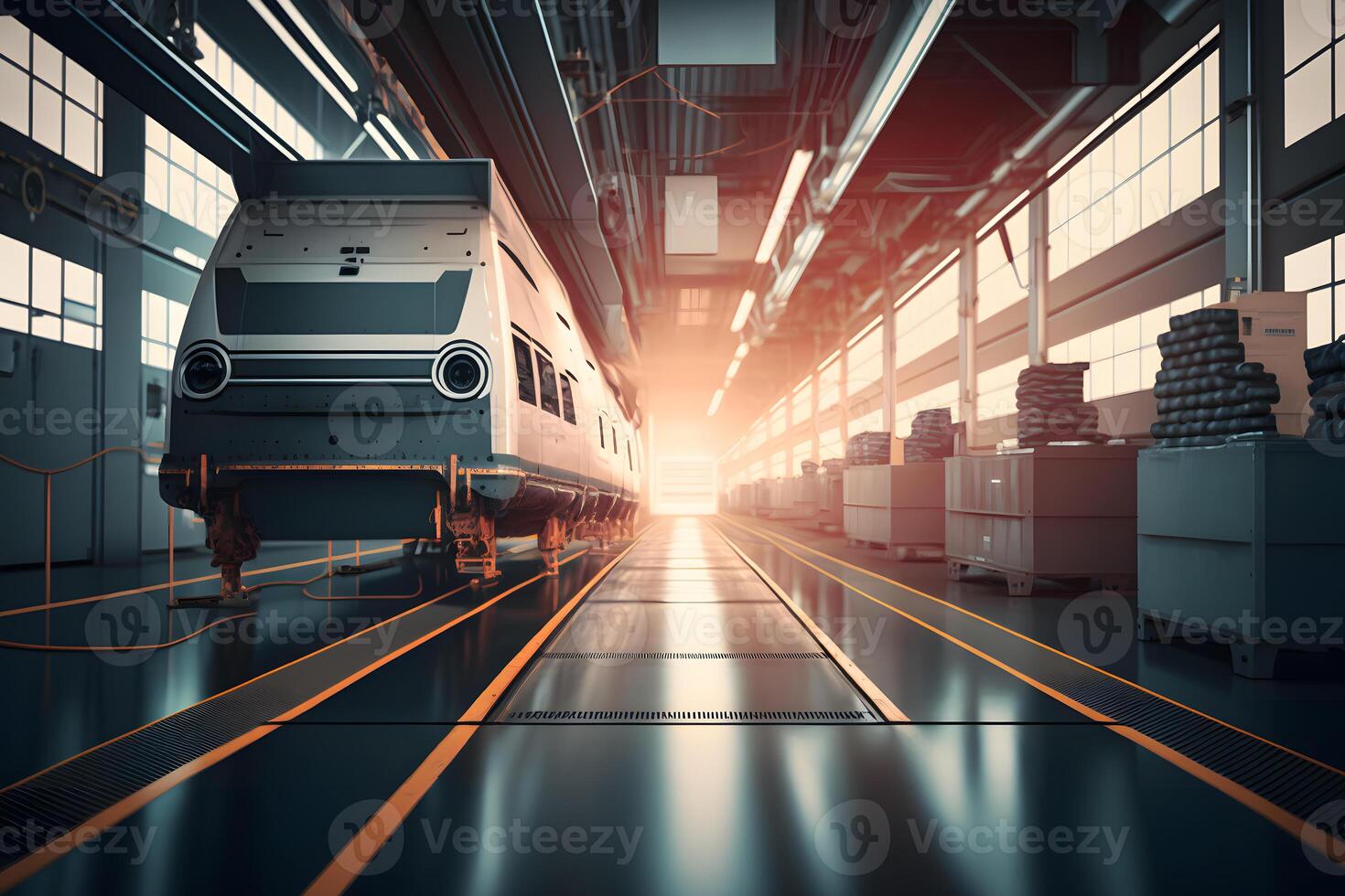 Automation aumobile factory concept. Robot assembly line in car manufacturing. Neural network generated art photo