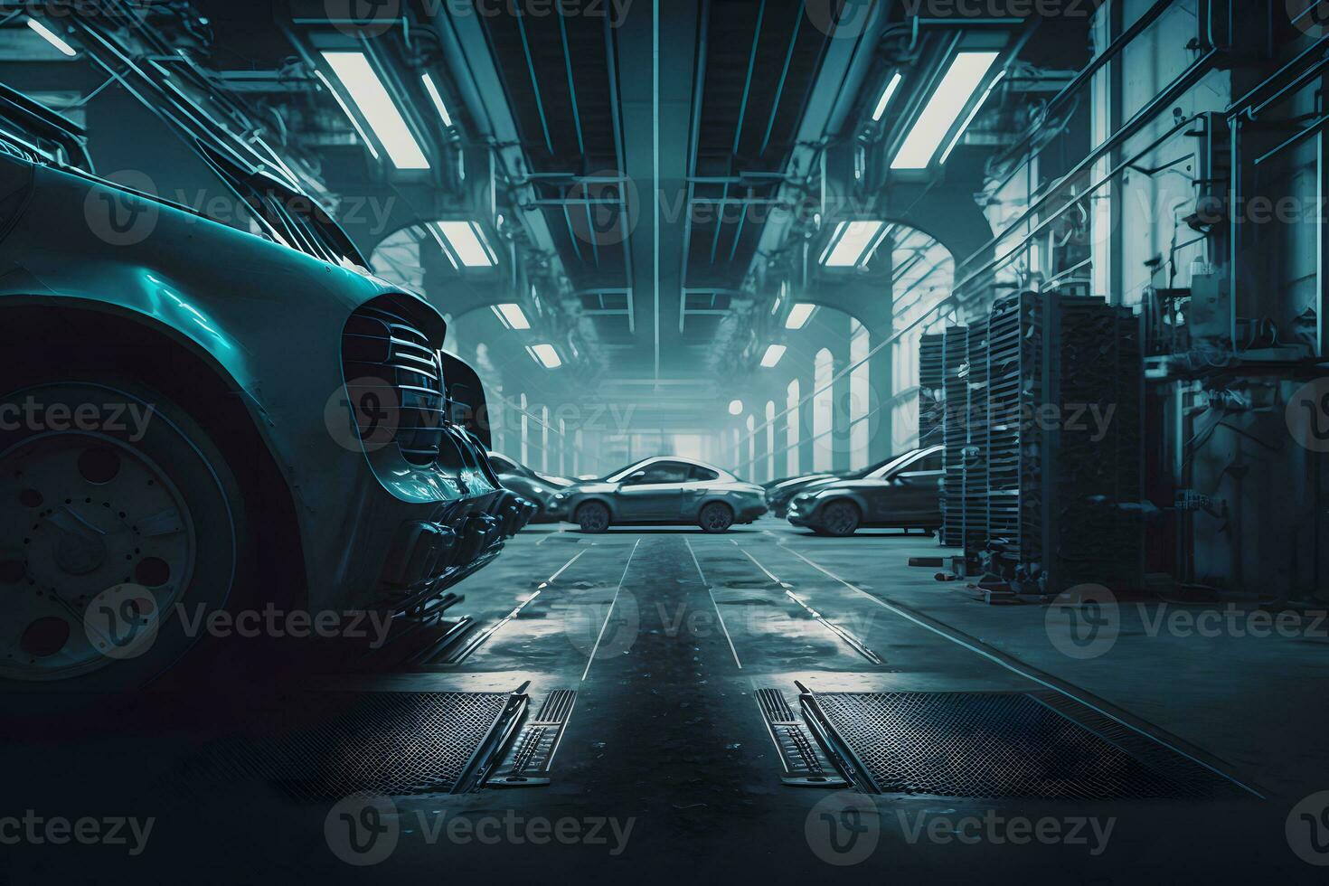 Automation aumobile factory concept. Robot assembly line in car manufacturing. Neural network generated art photo