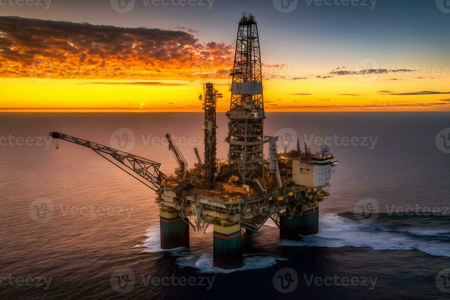Aerial view offshore drilling rig jack up at the offshore location during sunset. Neural network generated art photo