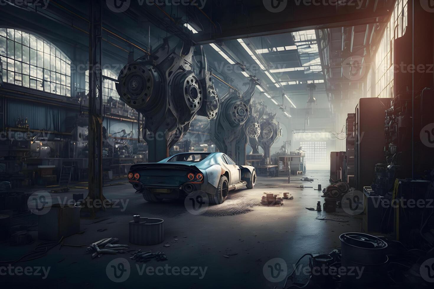 Automation aumobile factory concept. Robot assembly line in car manufacturing. Neural network generated art photo