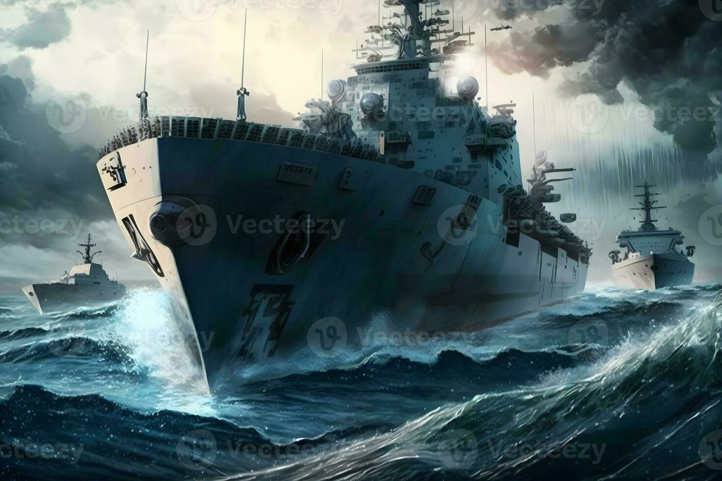 Navy aircraft carrier in wavy sea water. Neural network generated art photo