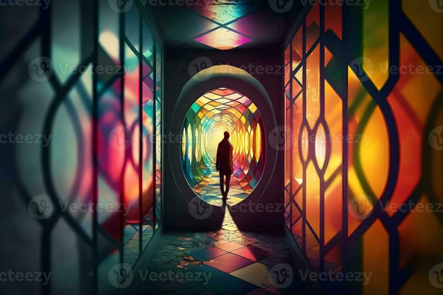 Abstract woman in futuristic fictional room with many colorful mirrors. Neural network generated art photo