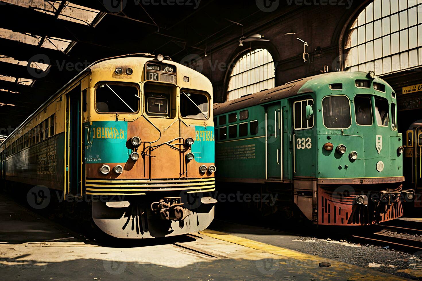 NYC old outdated subway cars in a metro depot in daytime. Neural network generated art photo