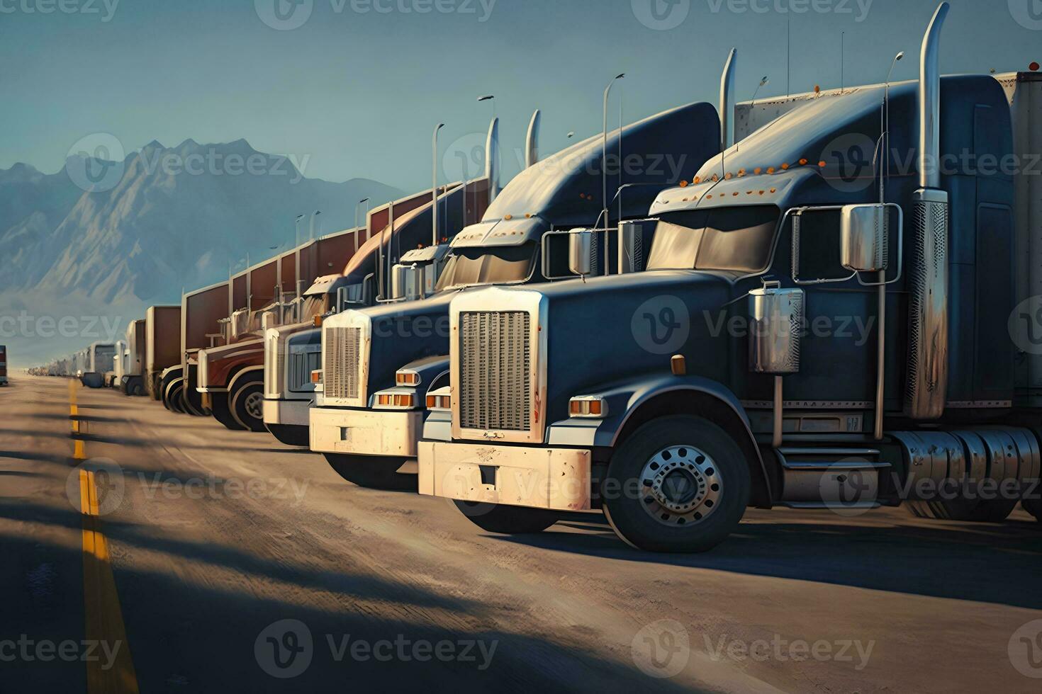 Semi Trailer Trucks on Parking lot. Delivery Trucks for Cargo Shipping. Lorry Industry Freight Truck Logistics Transport. Neural network generated art photo