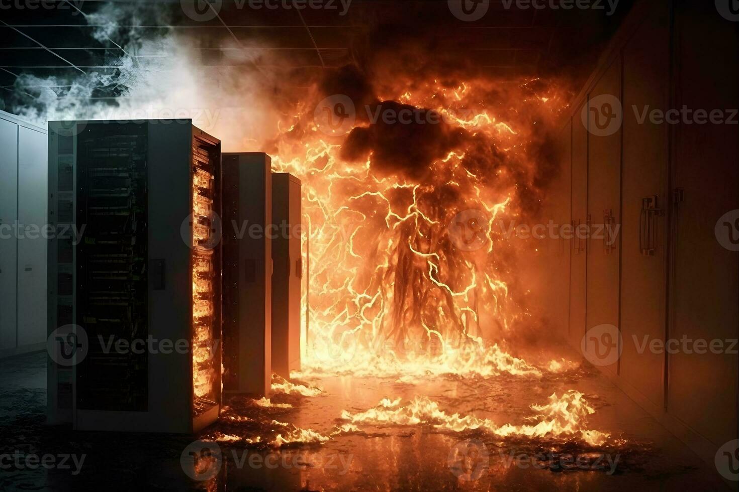 Disaster in server room or data center storage room on fire burning. Neural network generated art photo