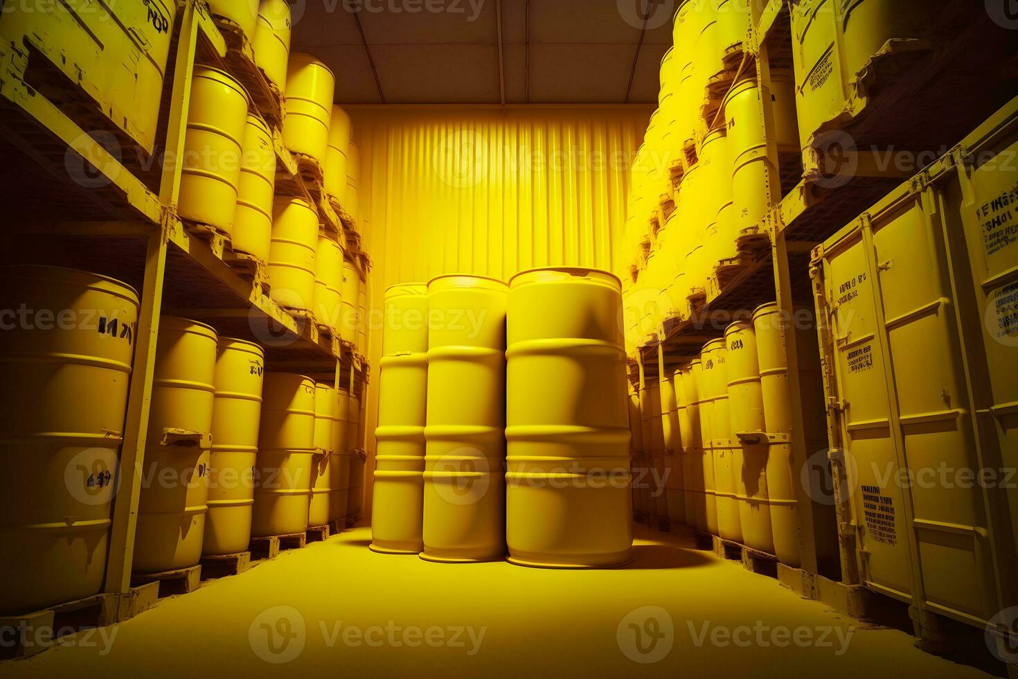 Radioactive waste in barrels, nuclear waste repository. Neural network generated art photo