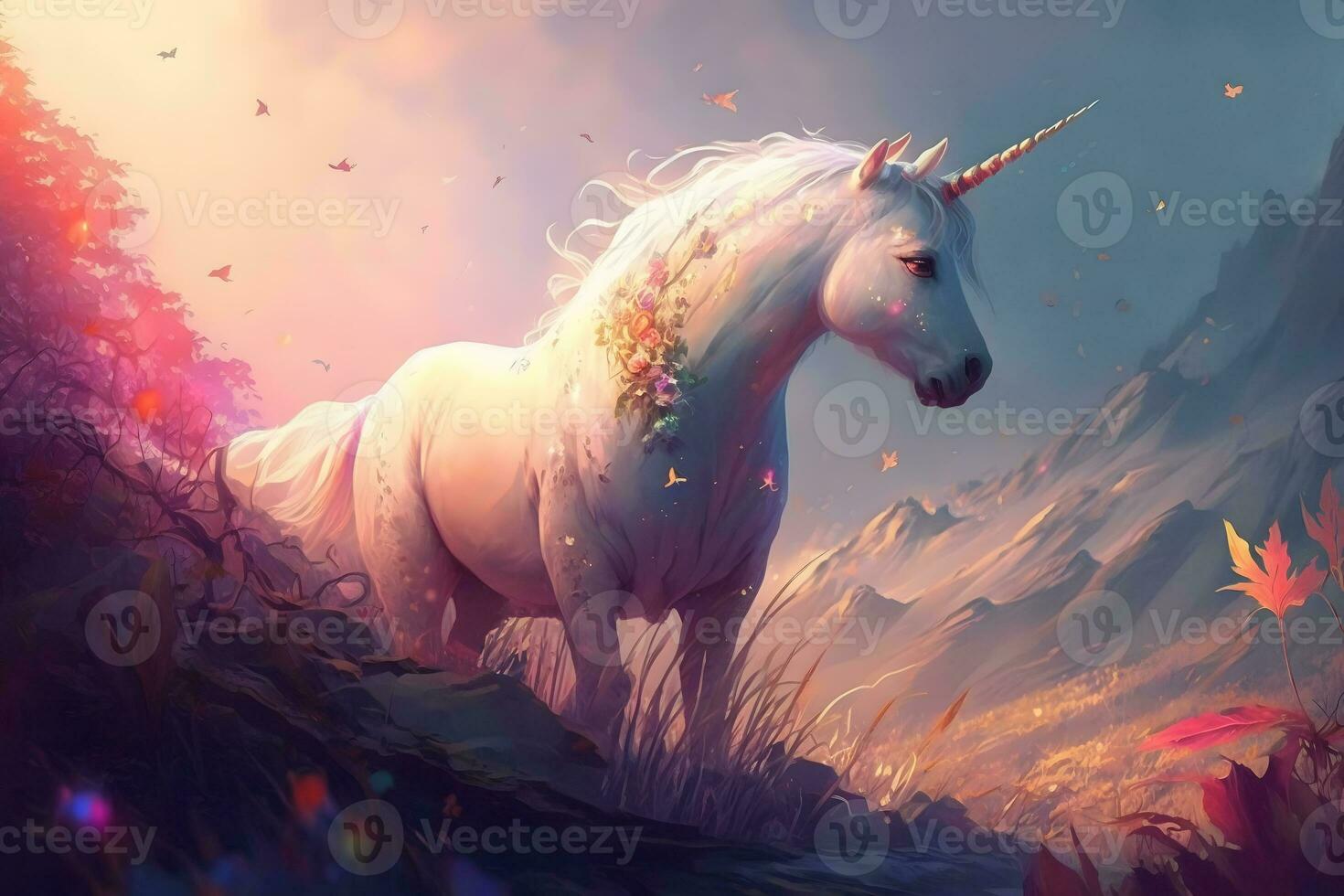 Magic unicorn in fantastic world with fluffy clouds and fairy meadows. Neural network generated art photo