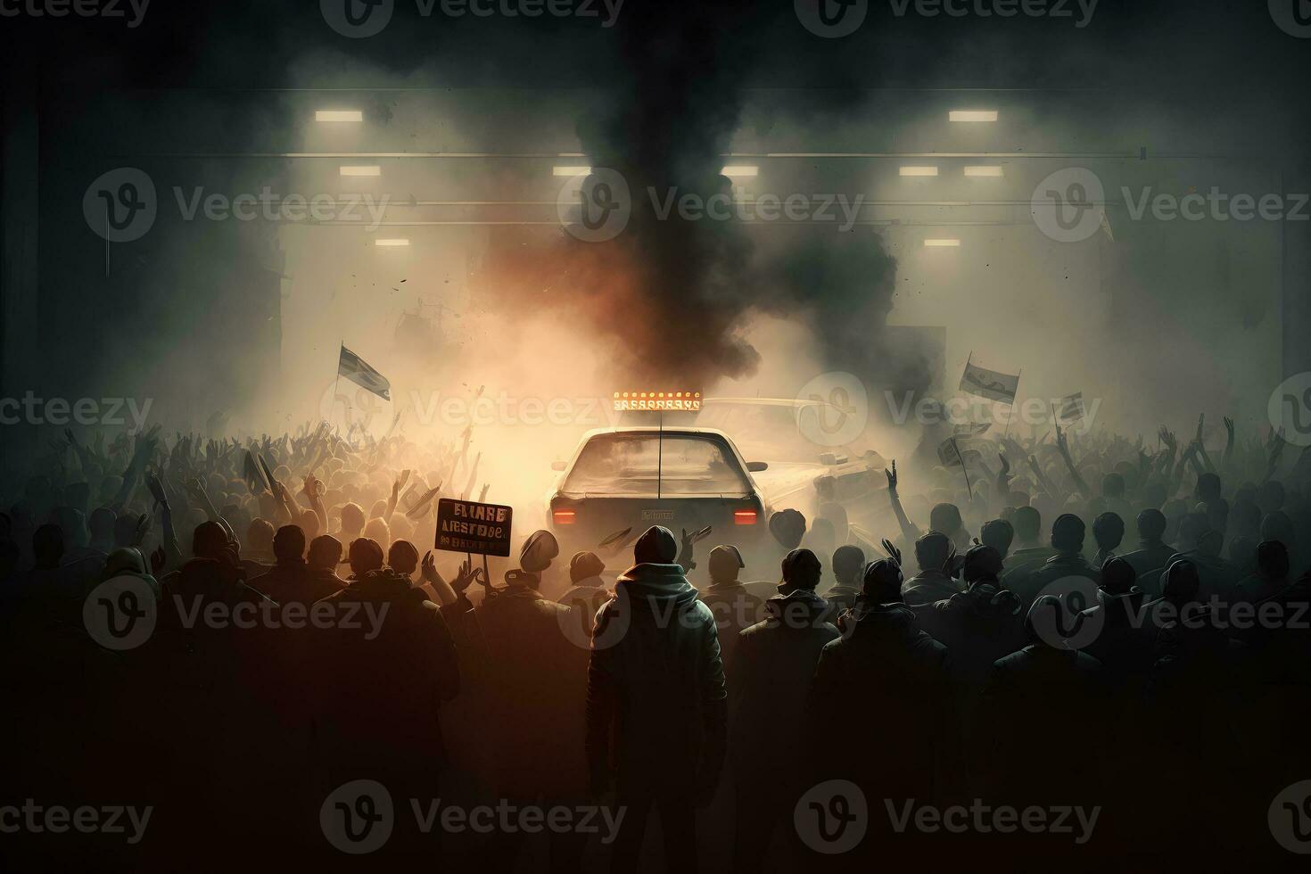 The crowd riots in the street, protests. burning city. Neural network generated art photo