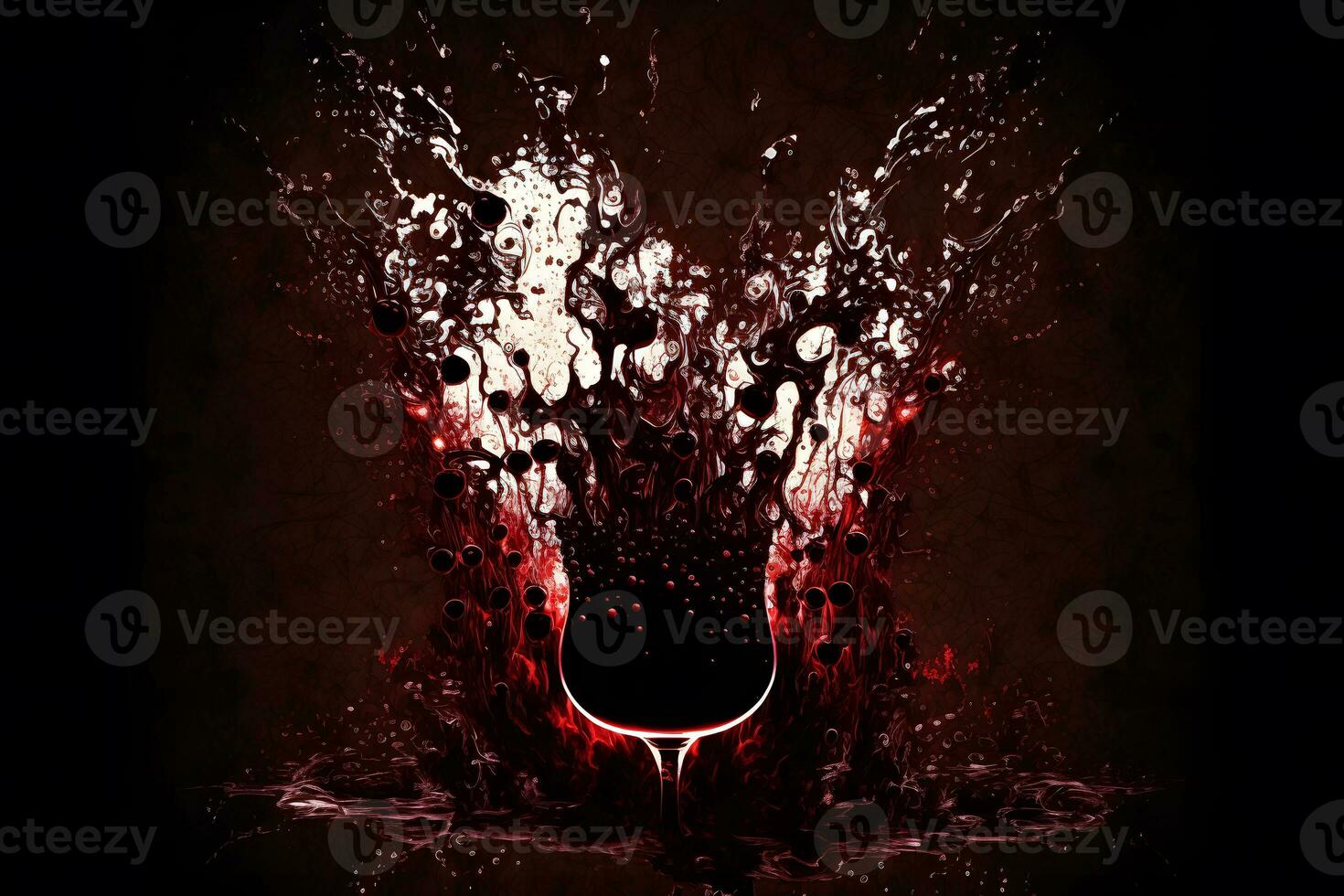 Glass with splash of red wine on black background. Neural network generated art photo
