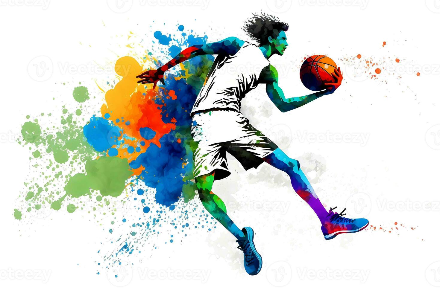 Basketball watercolor splash player in action with a ball isolated on white background. Neural network generated art photo