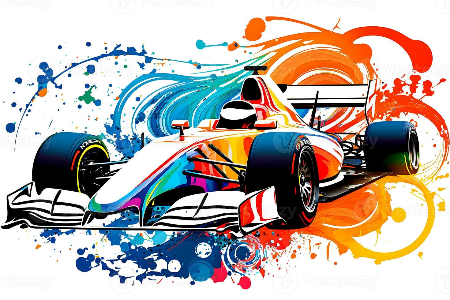 formula one race red car on watercolor rainbow splash, isolated on white. Neural network generated art photo