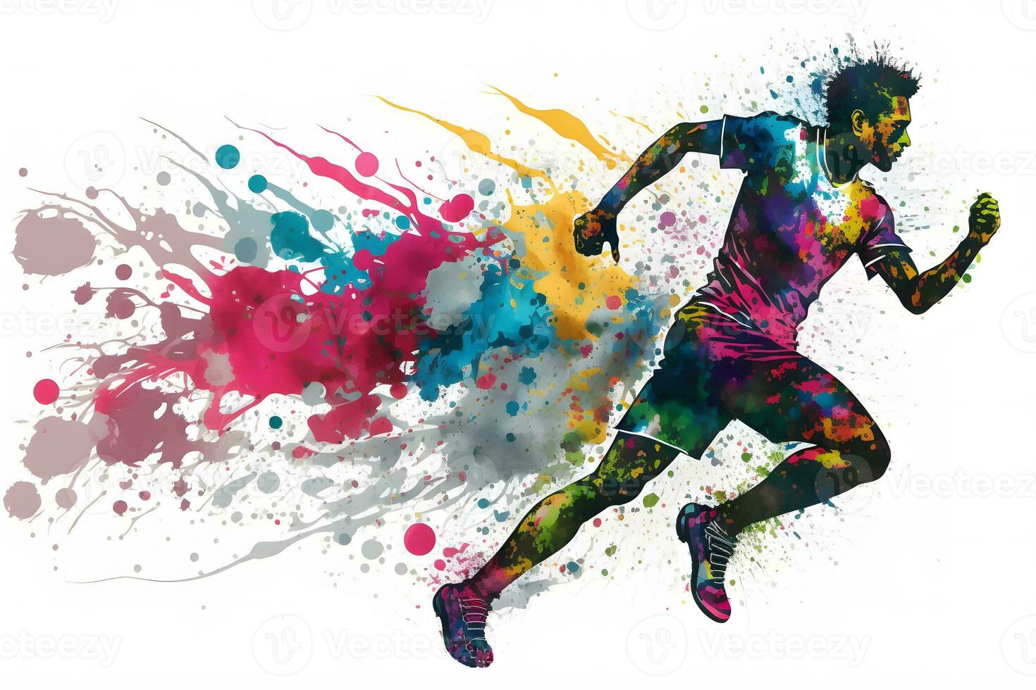 football soccer player in action with rrainbow watercolor splash. isolated white background. Neural network generated art photo