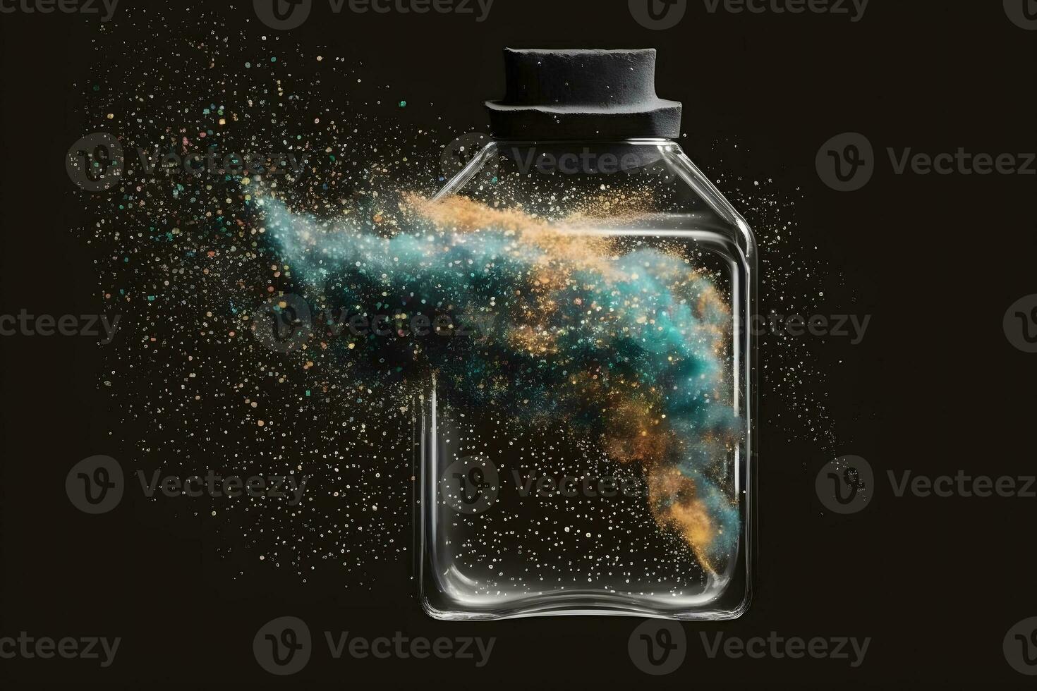 Perfume bottle splash of colored sand paint. Neural network generated art photo