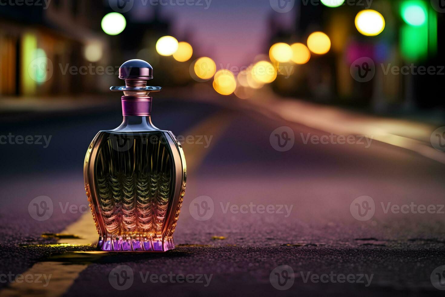 Perfume bottle against the backdrop of night city lights. Neural network generated art photo
