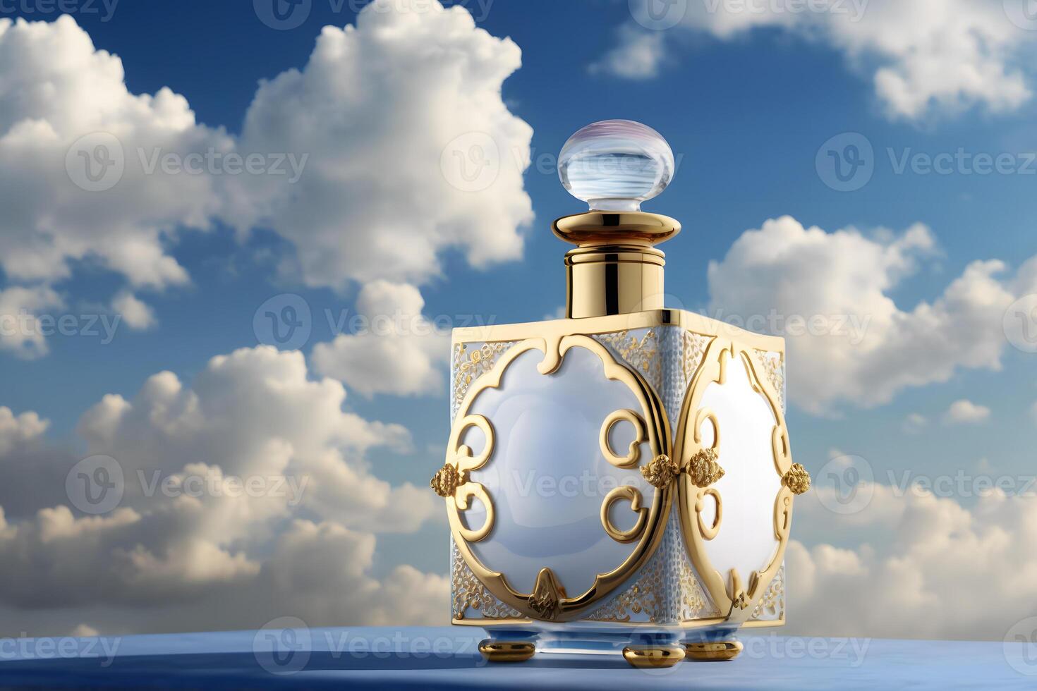 beautiful perfume bottle against the background of the sky and clouds. Neural network generated art photo