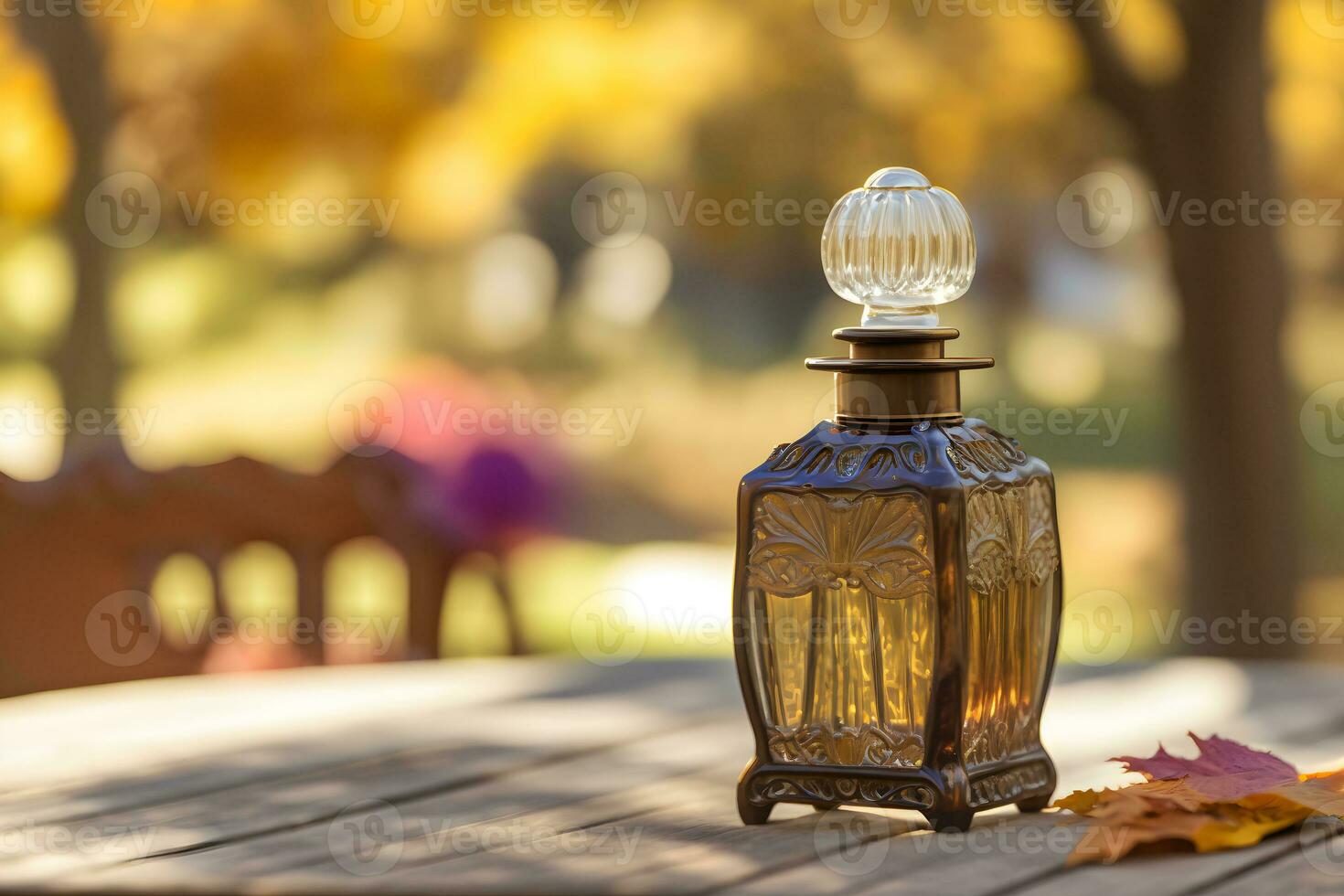 glass perfume bottle against the backdrop of an autumn landscape. Neural network generated art photo