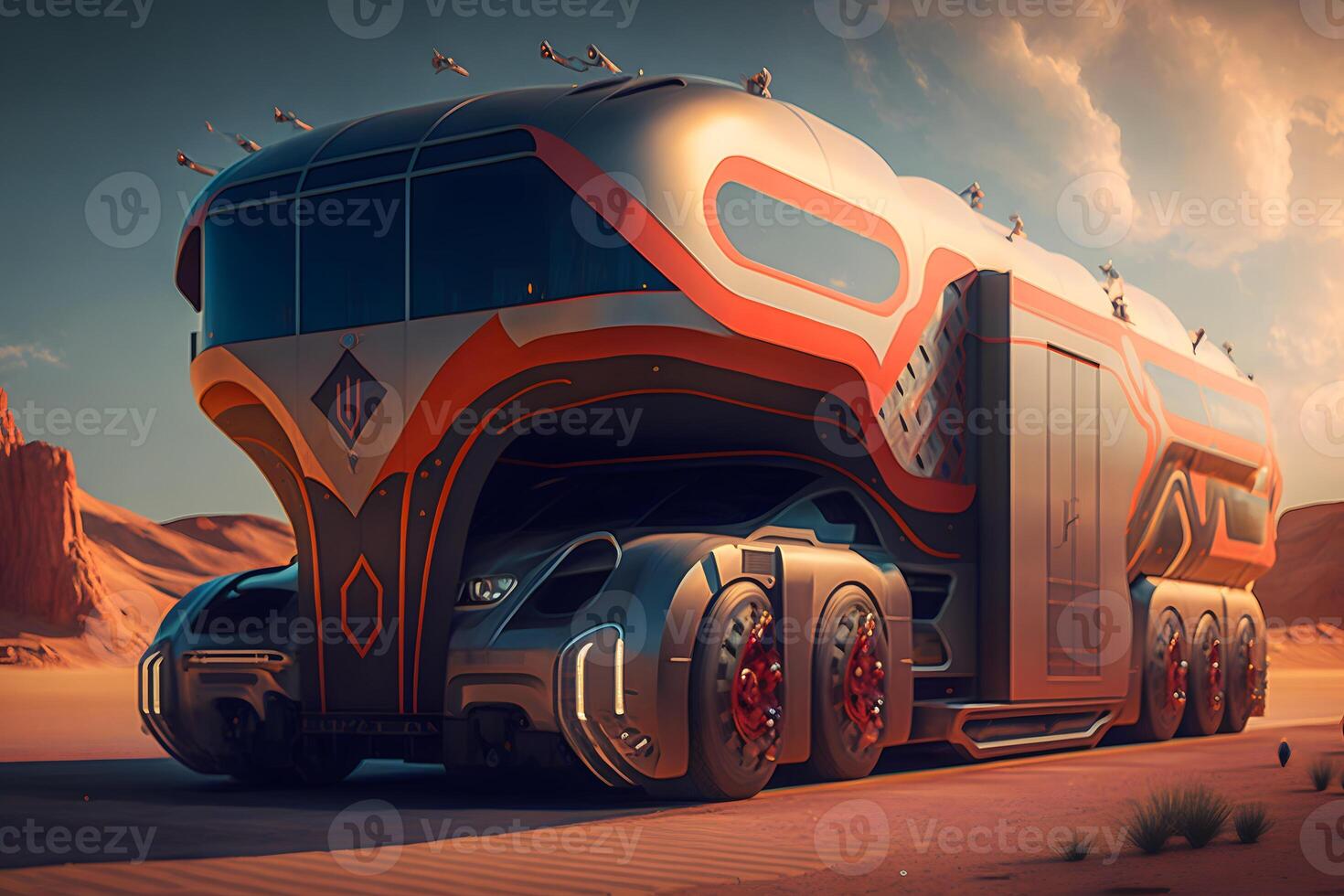 futuristic bus, cars of the future. Neural network AI generated photo